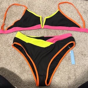 Cupshe Black Bikini with Neon Pink, Neon Yellow & Orange Trim